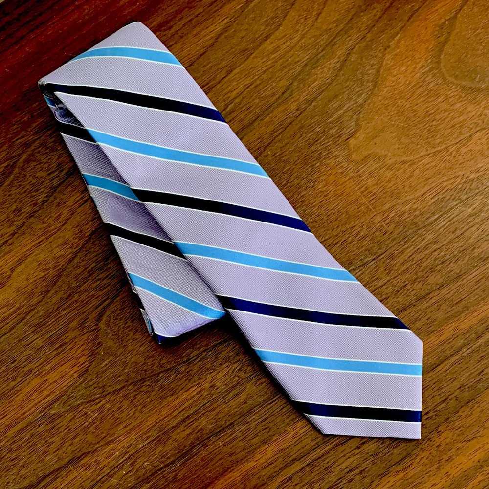 Men’s Club Room 100% Silk Striped Tie- Lavender with Light Blue and navy stripes